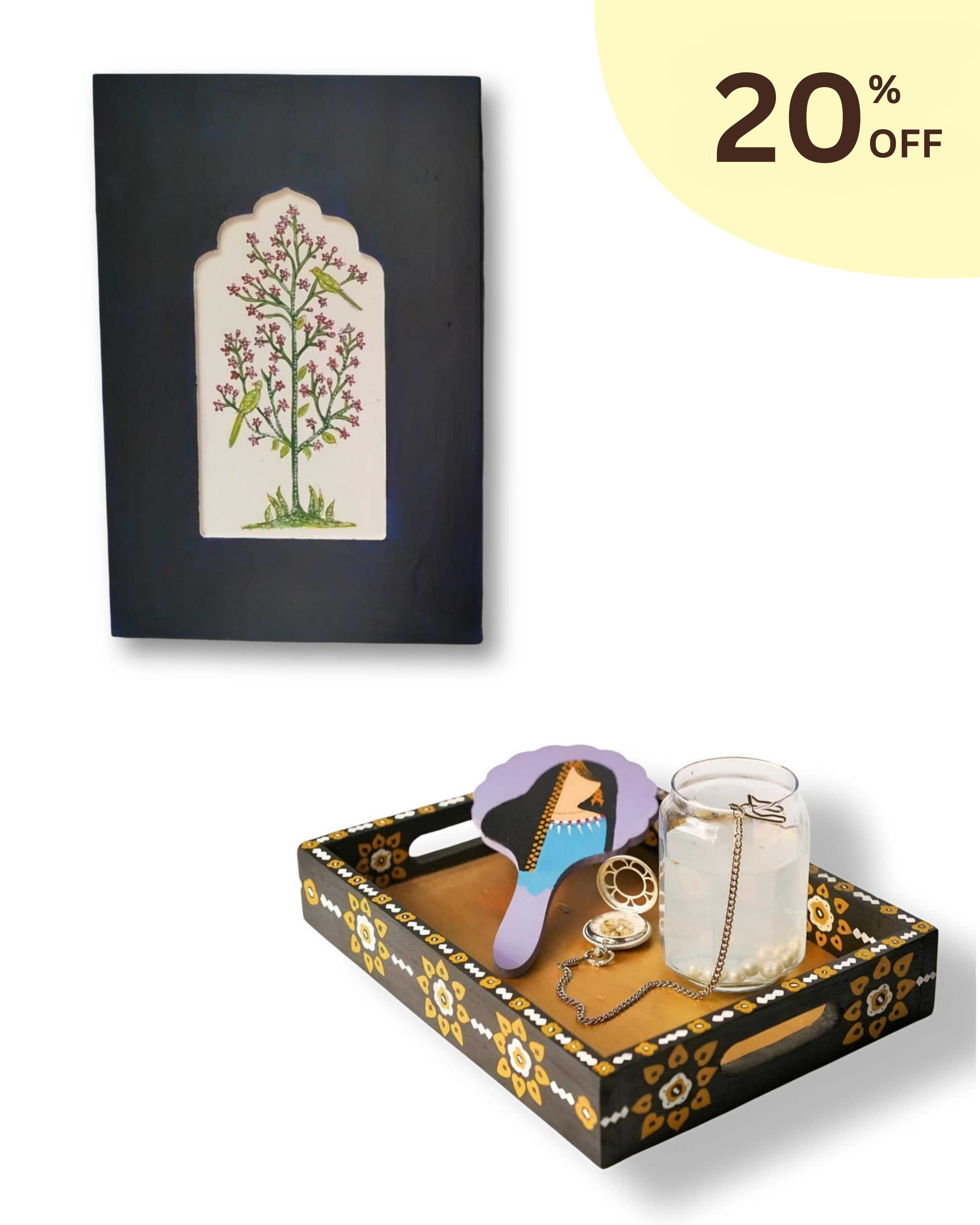 Mughal Art Frame Customized (Dark Blue) & Black Floral Pattern Tray 20% OFF