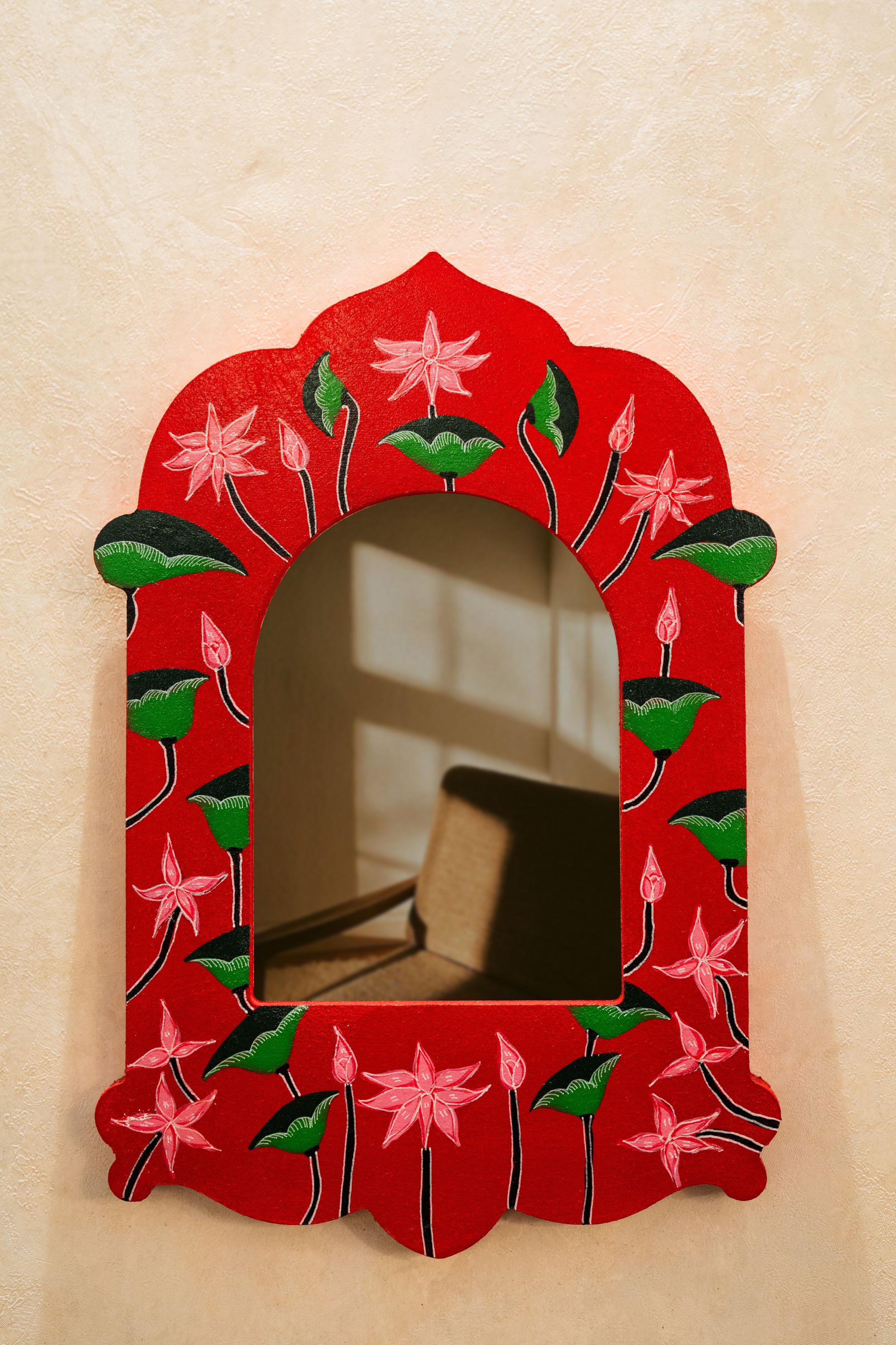 Hand Painted Lotus Mirror Frame Red