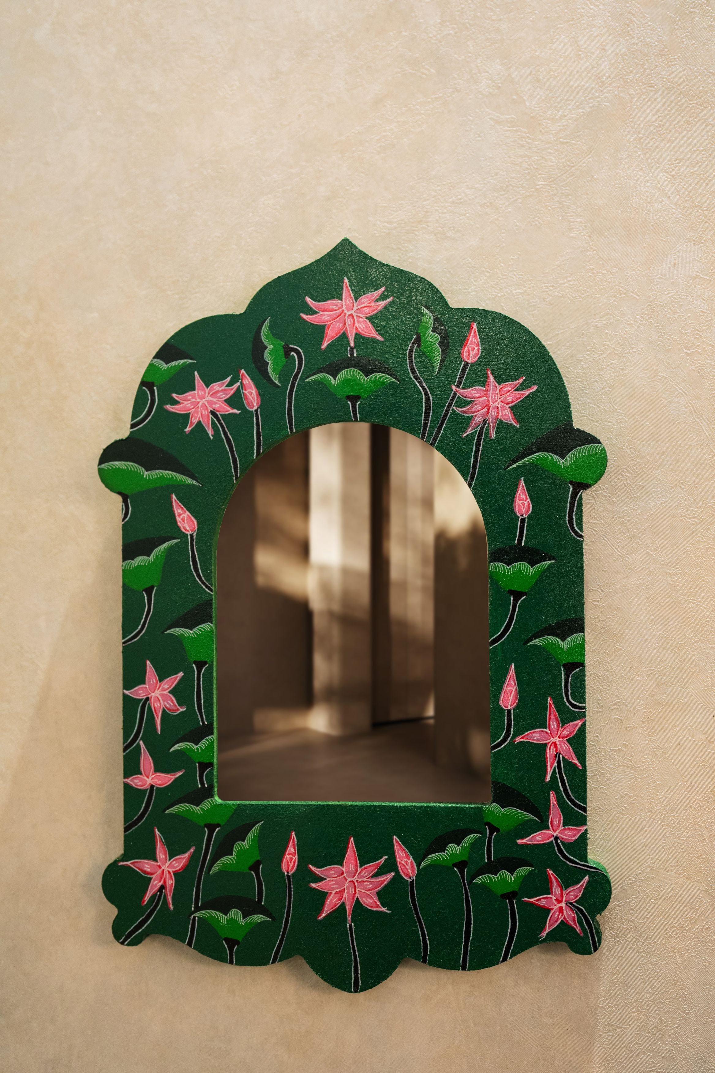 Hand Painted Lotus Mirror Frame Green