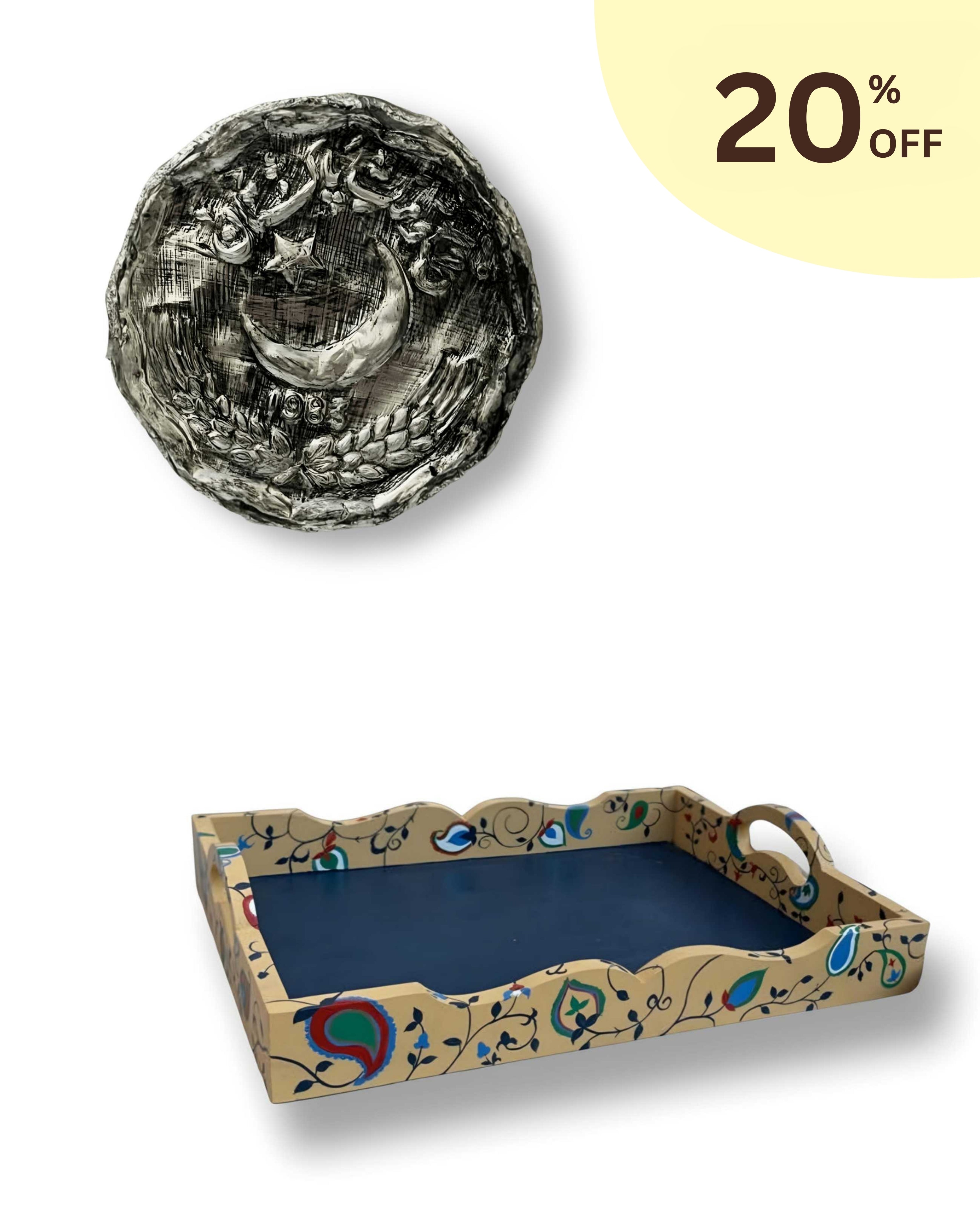 Coin Shaped Coaster & Tan & Blue Paisley Tray 20% OFF