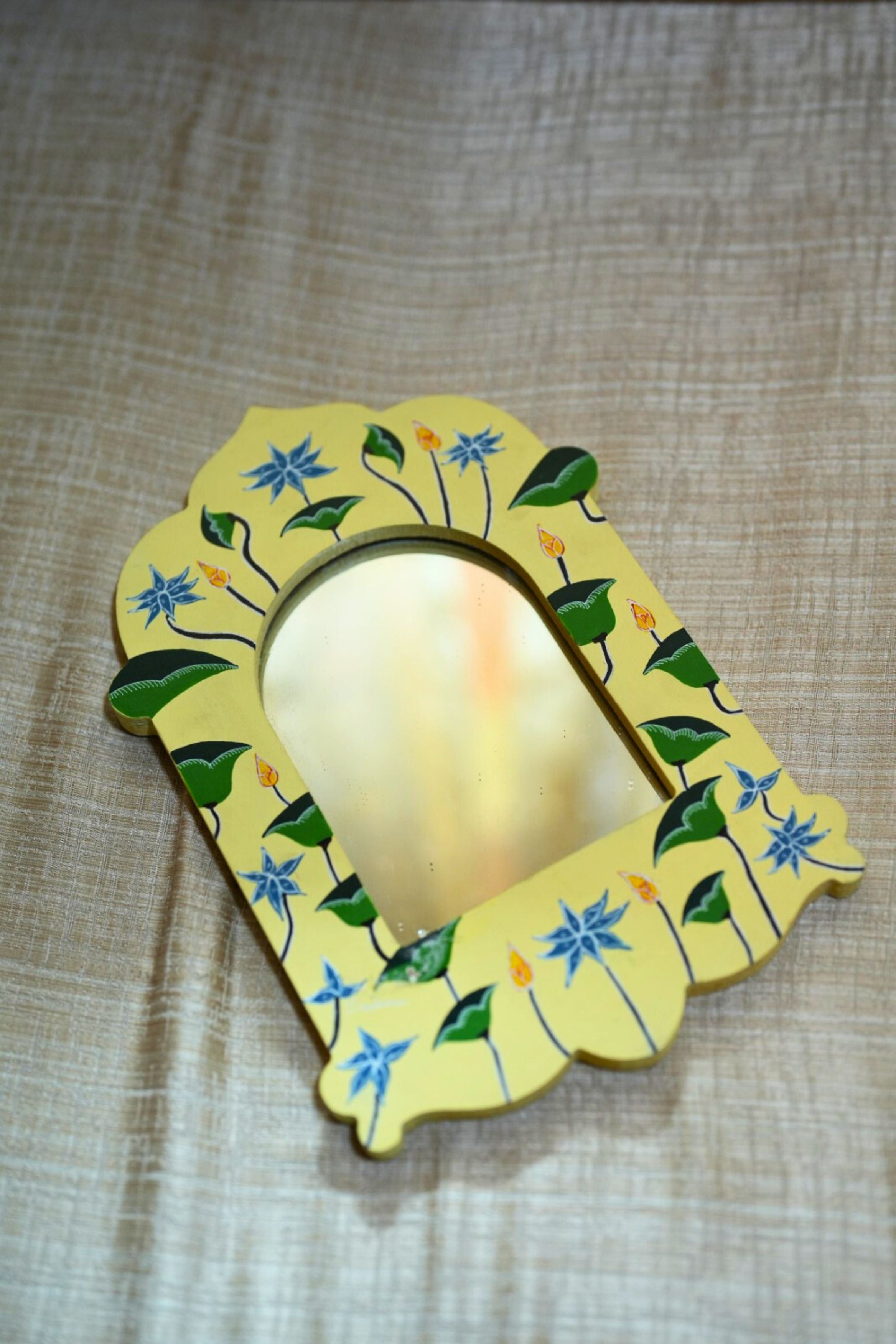 Hand Painted Lotus Mirror Frame Off White