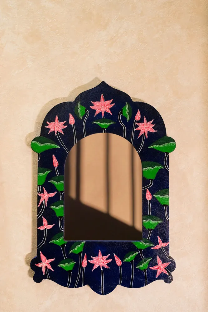 Hand Painted Lotus Mirror Frame Dark Blue