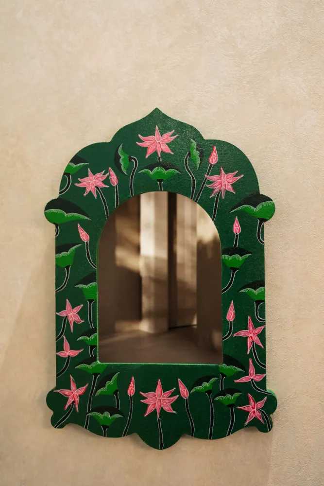 Hand Painted Lotus Mirror Frame Green