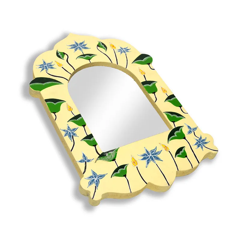 Hand Painted Lotus Mirror Frame Off White